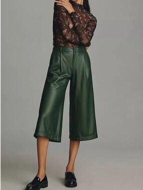 Anthropologie Green Faux Leather Wide Leg Cropped Culotte Pants Sz 6